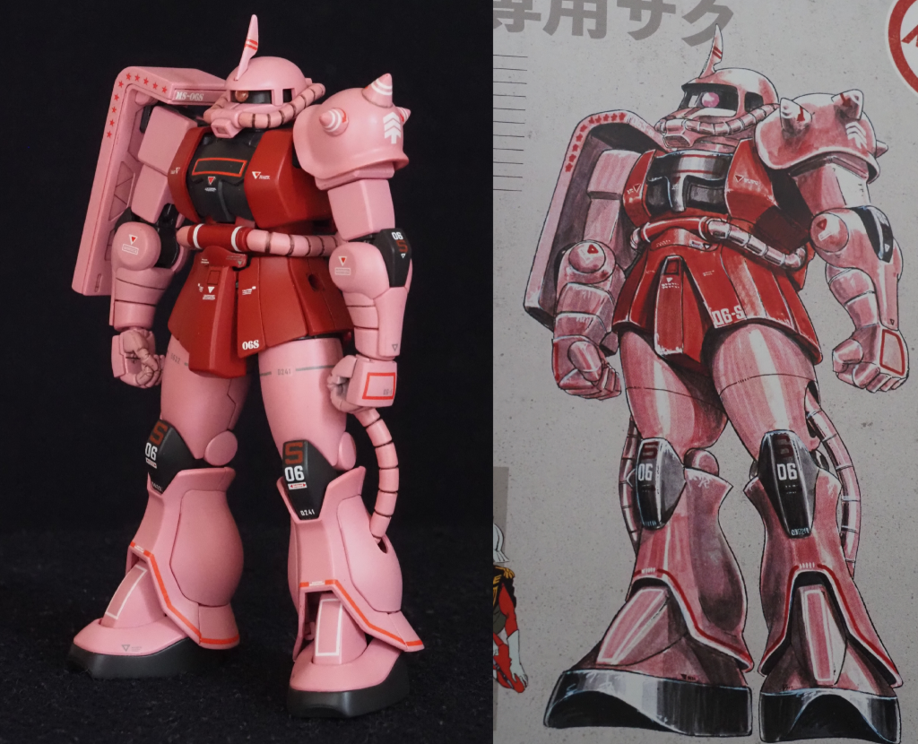 昔見たシャア専用ザクのイラスト（右のイラスト）になるべく近づくよう、全塗装＋かき集めたデカールを貼付して仕上げました。イラスト「MSV THE FIRST （双葉社MOOK）」より