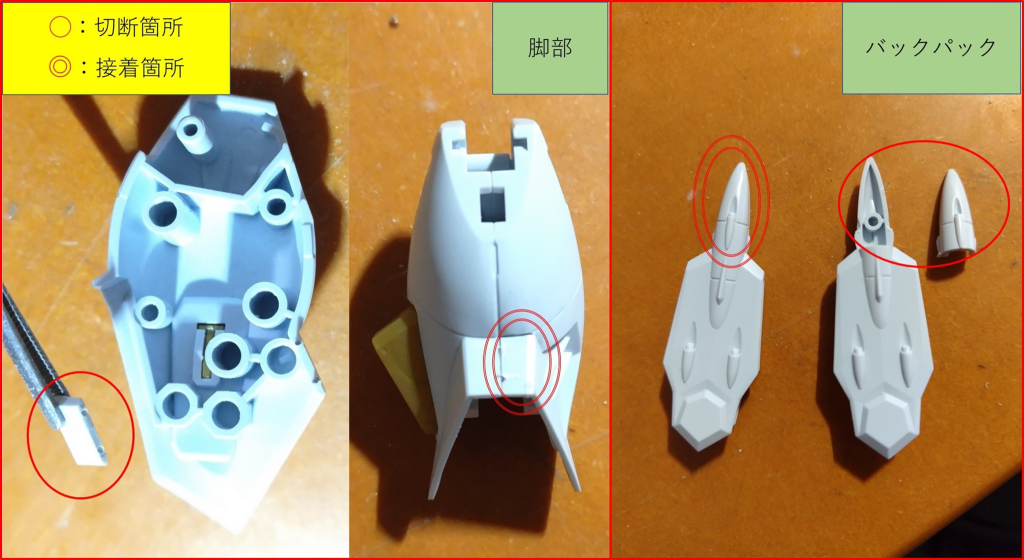 ・分割変更脚部は正面に、バックパックは側面に目立つ分割線が出ます。その為、切断・接着して分割線がパーツの角に重なるように変更。分割線が目立たなくなったと思います。