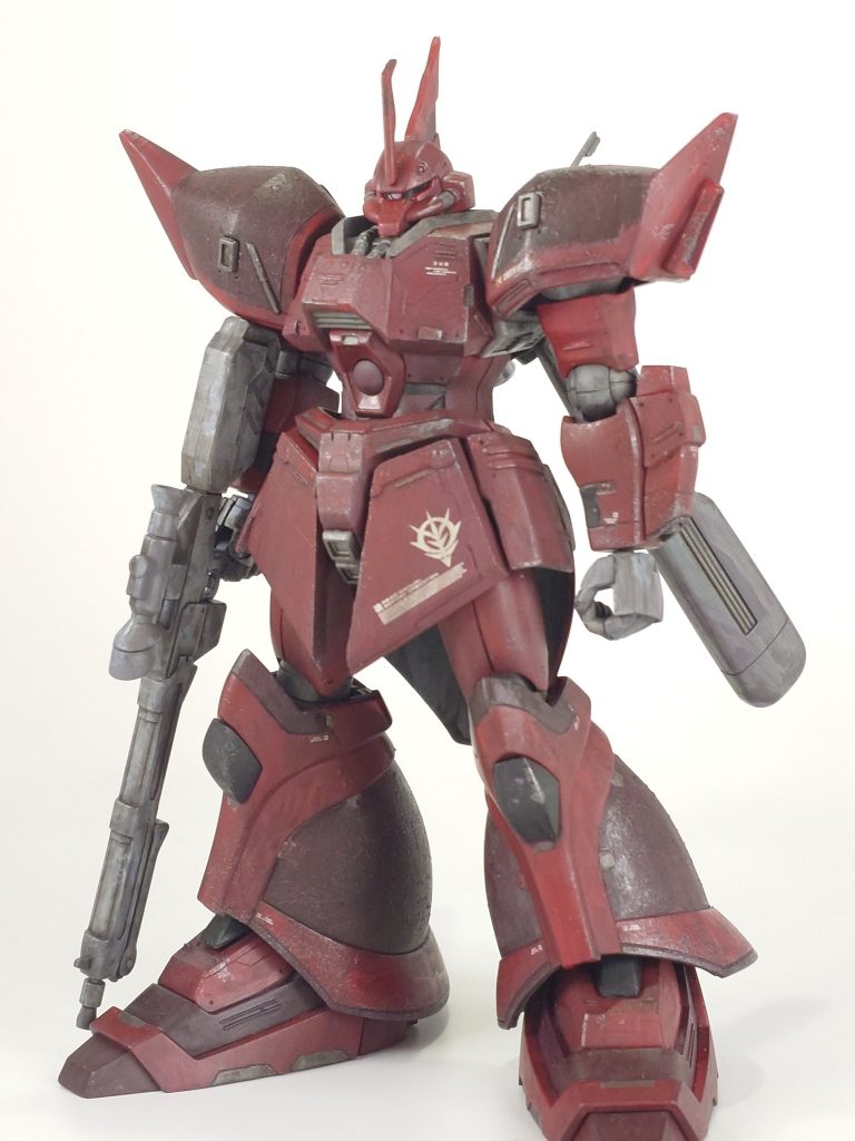 塗装のレシピはこちら   ＊[A]はアクリジョンです下地：G メカサフ赤： C ベースカラー赤+レッド［A］赤（暗）： C レッド+ブラック+パープル［A］グレー（関節 バックパック ライフル 手）： C 明灰色［A］黒：C ブラック［A］グレー２（細かい部分塗装）：T（エナメル）メタリックグレー チッピング：C［水性］焼き鉄色ウォッシング：T スミ入れ塗料（ブラウン） 