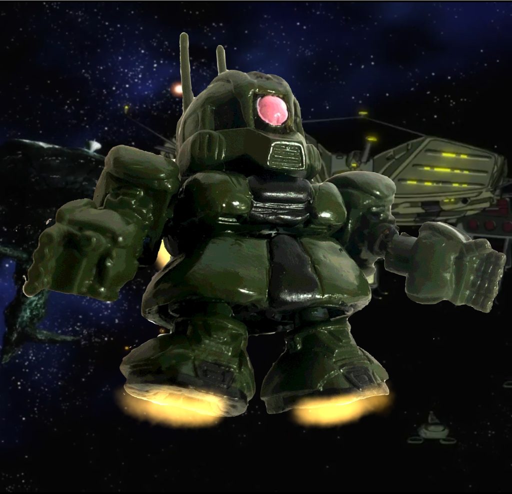 ジオングの試作機として開発された本機はF型をベースにしているが、使用されているのはメインフレーム程度であり、頭部を除いてザクの印象は無い。頭部は後方周回式のモニター・カメラに改められ、頭頂部から後部までのサーチが可能。また、各部動力ケーブルも内装式になった事で容積もザクから若干増している。