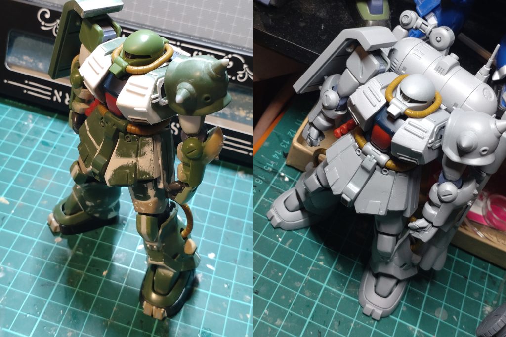 今回初めて、ここまで本格的なプロポーション改修に挑戦した為、ものすごく時間がかかってしまいした。一回目のサフを吹いたとき、キレイに成形したと思ってたところが全てベコべコで驚愕しました。皆さんパーツの延長とか幅増しをカジュアルにやってるように思えましたが…めっちゃ大変な作業だったんですね。