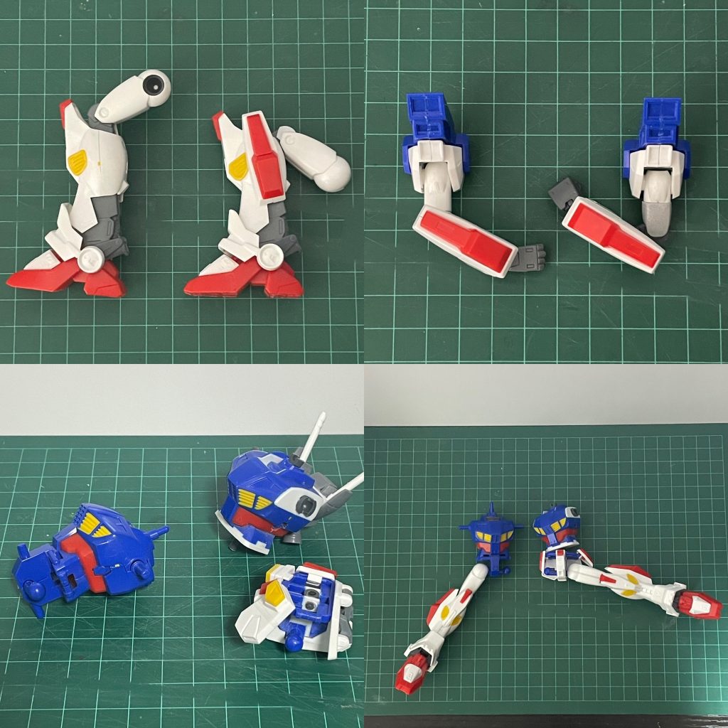 膝と肘をボールデンアームアームズで二重関節化太ももを1mmプラ角棒で幅増し太もも上部を切り欠いて可動範囲拡張胴体を切り離して腰関節を新造腹部2mm延長股関節の取り付け位置を下げて再接着フロントアーマー2mm延長