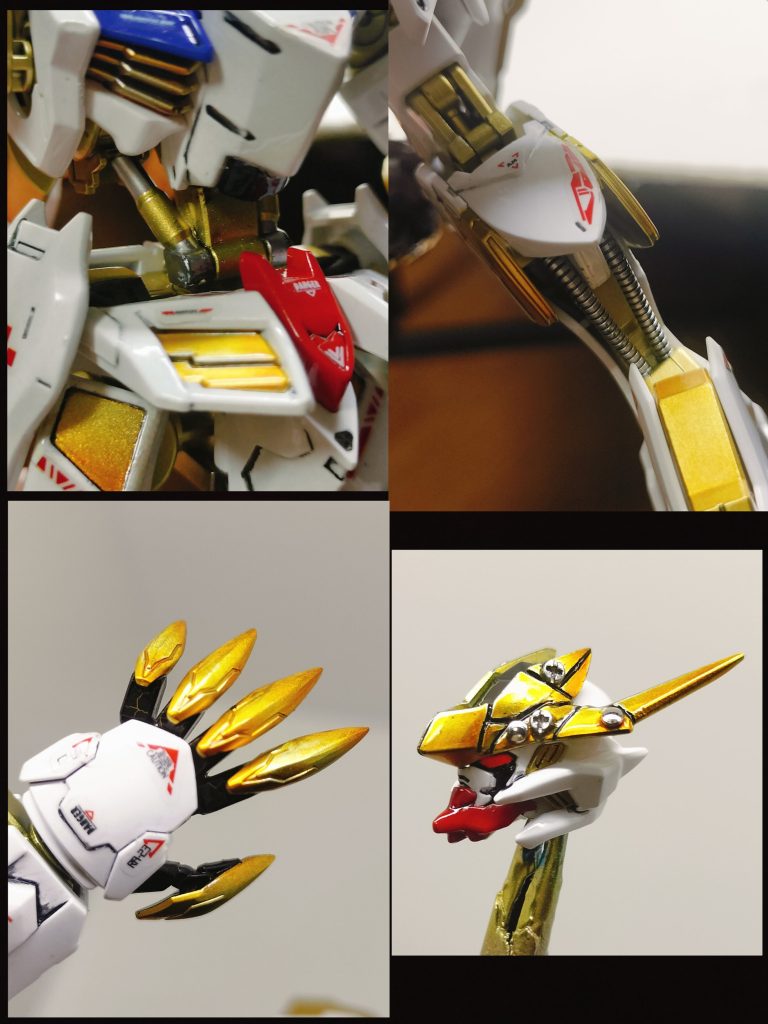 上２枚、こういう所が好きなんですよね下左、フレーム以外のゴールドはキャンディイエローにクリアオレンジをグラデーション塗装しました。下右、前に作った顔が余ってたので、厨二病発動