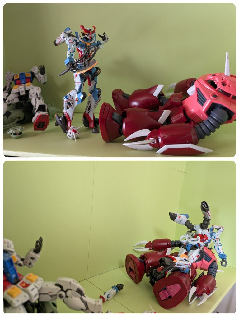 苦戦しながらも何とかズゴックを倒したポメラニアンズマチュ「や、やっと倒せた！そのツラ見せ…ん？ガンダム？」シュウジ「まってマチュ、嫌な予感がする！」