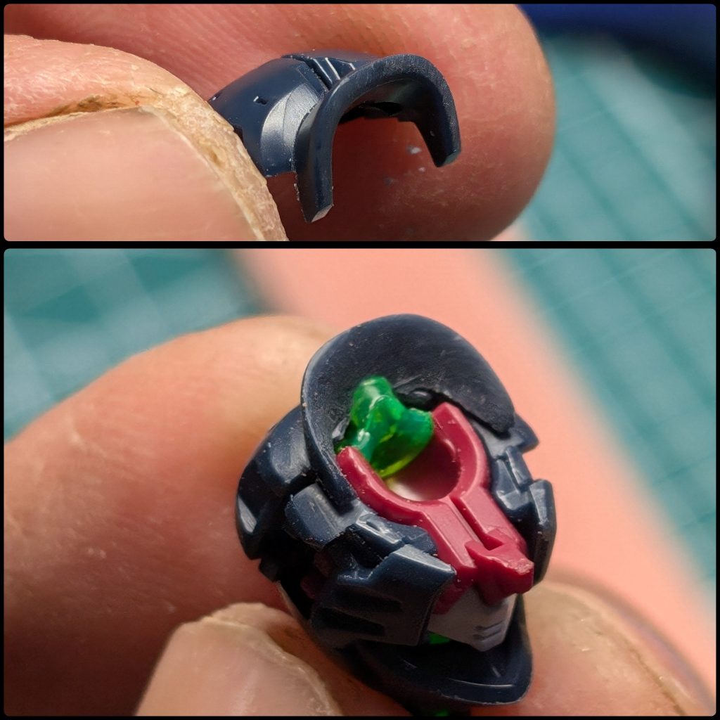 RGシリーズのわりにヘルメットの首元が明らかに野暮ったいので、シャープ化しました。はっきり言って、完成して取り付けても全く解らない部分です。あと、写真には無いですが、ツノもシャープ化しております。元々、顔は過去最高傑作と言っても過言でないくらい出来が良いと思います。