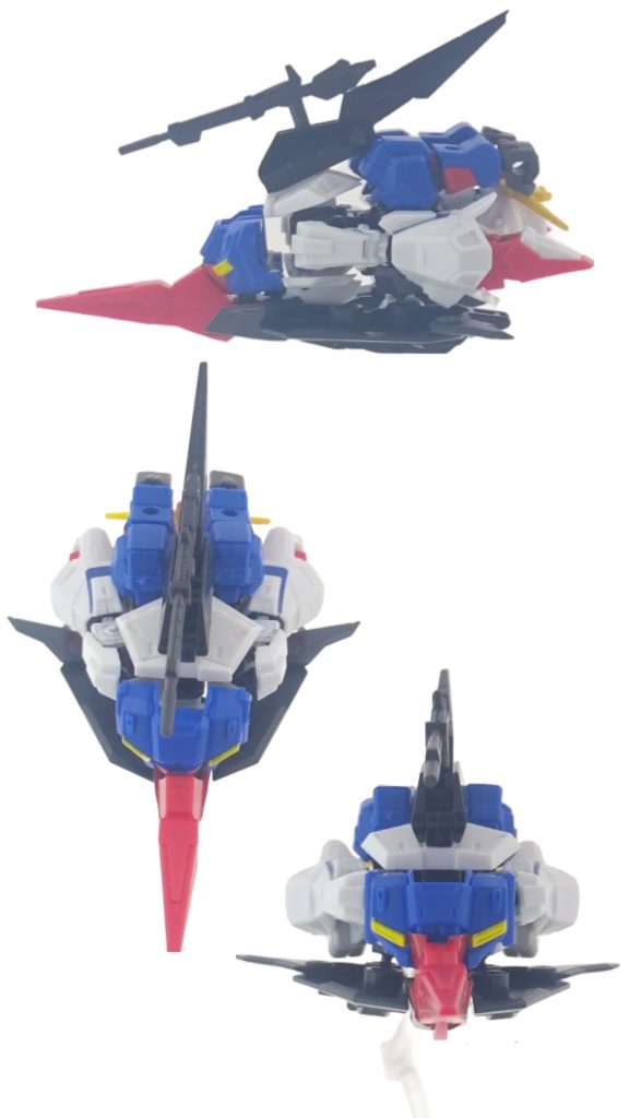 ウェイブライダー形態のフロントビュー・サイドビュー・トップビューです。余剰パーツ無しにしてはシルエットはかなりまとまっていると思います。工夫したポイントは股下を機首にするというアイデアで、元のZガンダムの変形はフライングアーマーが複雑すぎる移動をしますし、頭と腕を胴体に隠すことはどう考えても不可能でした。そこで、前後を反転して頭と腕を後方に持っていくことで、それらを正面から隠しつつフライングアーマーの複雑な移動を省略することができました。