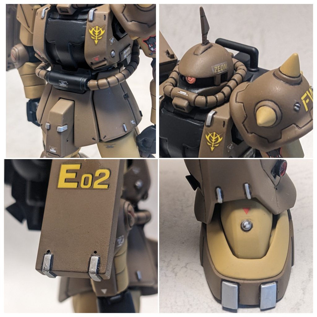 各部アップ。つま先のシルバー部はザクf2000の爪パーツを削って出来ました。それに合わせ各部位にホッチキスみたいな銀パーツをアクセントに付けました。アンテナはプラ板で作りましたが筋彫りを入れたら折れやすくなってしまいました。