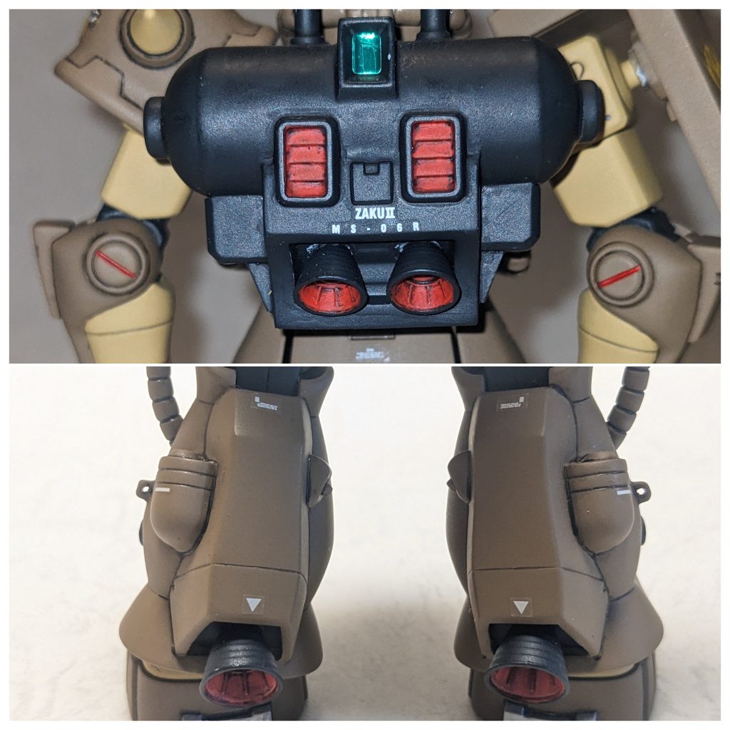 中期型部のアップ。バックパックはマラサイとザクのものをくっつけてます。ふくらはぎは高機動型に寄せたディテールアップをしました。