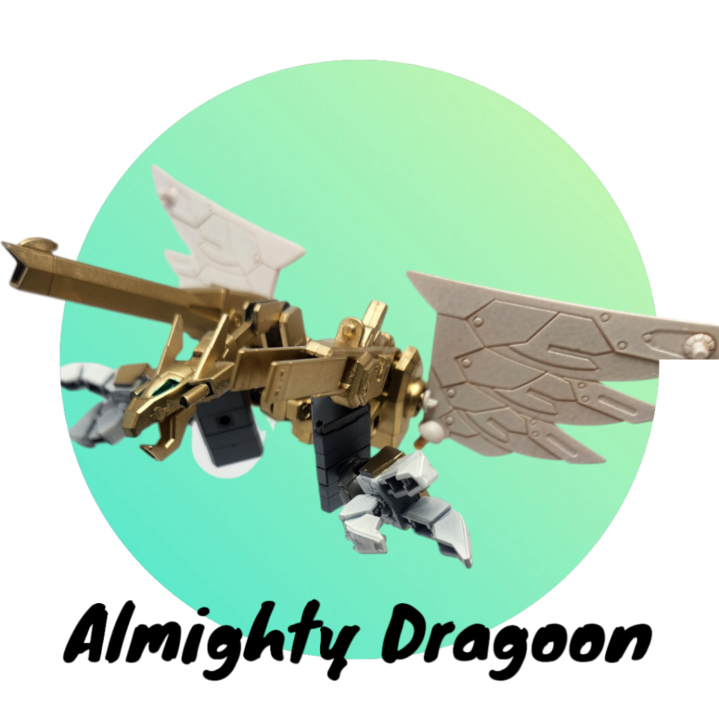 The power of the team. The Dragoon sores through the skies supporting our hero. He carries the Almighty Cannons.