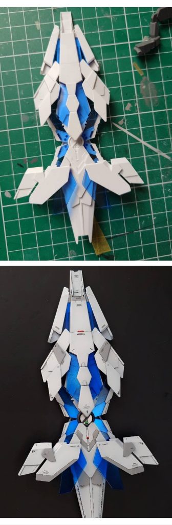 ブラックライトを当てなくてもキラキラなるようにシルバーでグラデーションをかけてクリアーブルーを吹いています。クリアーパーツをハメるところが透けていると気になったのでそこはシルバーをしっかり目に吹いてクリアーブルーを重ねて透けないようにしています。