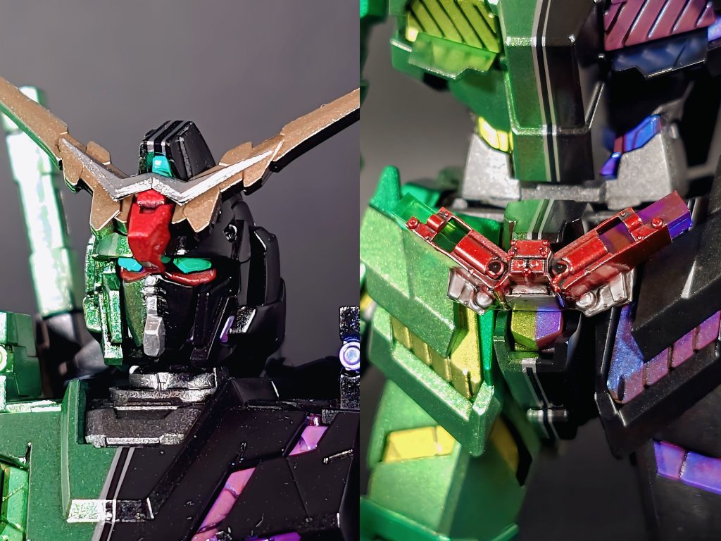 わかりづらいのでアップに…ガイアメモリは透明レジンで別パーツ化しているので取り外し可能です。全て3Dプリンターによる自家製です。ツインアイは少し大きくしたかったのでHアイズに差し替えてます。