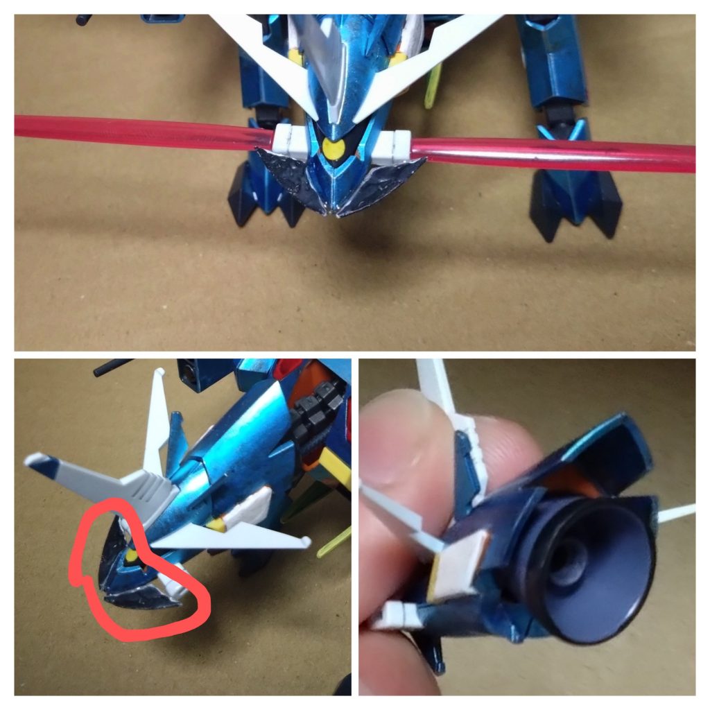 そして、頭部の武装。・ビームサーベル ラゴゥと同じモノで、本機唯一のビーム兵装。  ・カッターブレイド アグゥの口部分の先端に搭載されたオリジナル武装。対ビームコーティングされた特殊カッターとなっており、敵のビームサーベルを受け止めたり、敵に突き刺すことが可能。 と、頭部の武装はここまでなのですが、この頭部には思いもしないギミックが隠されてます。画像を見れば分かると思いますが、首部分にあるモノを取り付けました。どんなギミックなのかについて語りたいところですが、その前にストーリーに入ろうかと思います。ストーリーで登場させますので。