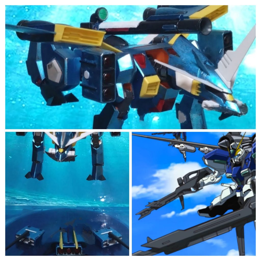 「分かった！これよりアグゥの試験を開始する！」 隊長・ジナから許可が下りる。ジャルドは海上をホバーで移動し、敵MSに向けて主兵装『チェンジングキャノン』を構えた。 「見せてやろうか！虎は海でも戦えるってことを！！」  アグゥは先制攻撃を行う。シャトルへと向かうウィンダムの一機に直撃した。 『敵襲！』『どこからだ？』『次が来た……うわっ！！』 続いて２機目も撃破成功。MS部隊はここでアグゥの存在に気づいたようだ。 『何だ！？海の上を走るバクゥ？』『いや、大きいぞ！散って仕掛けるぞ！』 バラバラに散開した敵はアグゥに集中攻撃。アグゥは主兵装で様々な弾に切り替えて応戦する。と、ここでアグゥは形態を変えて海に潜った。 『ヤッター！当たって海に沈んだ！！』 そう思い込んだ連合兵だが、海の中からミサイルが飛んできてそのまま３機目の撃破に。残りのウィンダムは４機。水中に潜ったアグゥに警戒する。 『あの機体、水中戦用の機体か』『上から集中攻撃だ！』 海に潜ったアグゥの影を追い、ウィンダム部隊はライフルで集中攻撃を行う。しかし、彼らは知らない。アグゥにはあるシステムが搭載されていることに……。 「水中用ドラグーン改め『セイレーンシステム』を使用する！」 海に潜った際、既に射出した新たなドラグーン『セイレーン』を使うジャルド。海の中で散開する『セイレーン』と呼ばれる武器は真上を飛ぶウィンダムに目掛けて攻撃を始める。 『こっちか！』『待て！ここだ……うわっ！』『これは…！？』 セイレーンによる連装砲やミサイルを上手く動かし、更に本機のアグゥも攻撃を行う。敵を混乱状態にさせ、追い込んでいく。 一方、その光景をシャトルから肉眼で確認するカロウはアグゥの戦いがある戦術と酷似していることに気づくーーー  「ーーーこれは前大戦時、バルトフェルド隊が当時最強と呼ばれてたストライクを追い込んだ戦術！？でも、おやっさんがなぜこの戦い方を？」「当時の戦闘記録を見ていて、それを真似ているか。もしくは、たまたま同じ戦い方をしているか……だな」 ジナはそうメモリーに語る。理由はどうあれ、連合のMSはまたもや撃破。残り２機となった。 と、ここで味方MSがその場に現るーーー