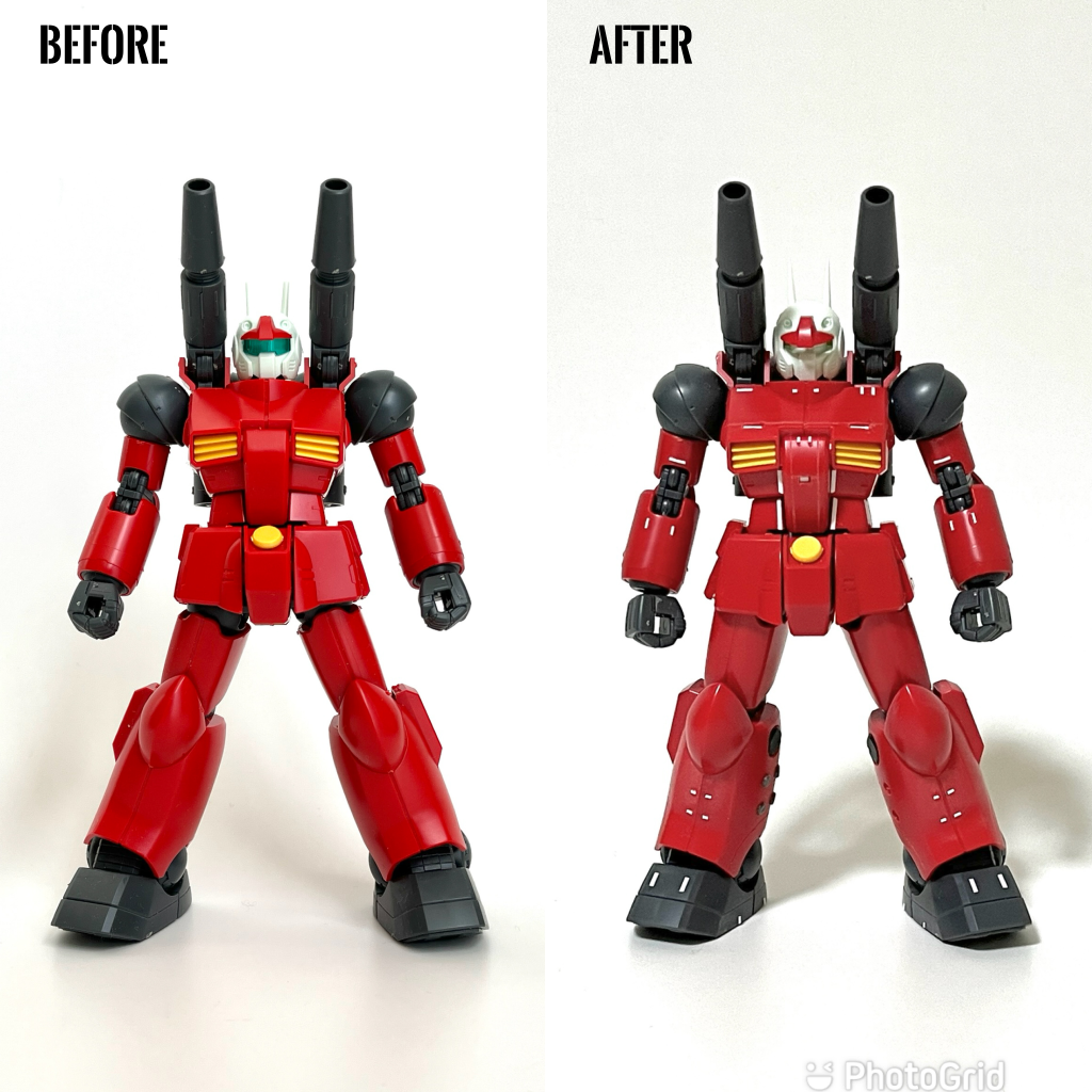 ビフォーアフター足を短足化するだけど、かなりガチムチな印象になることがおわかりいただけるでしょうか。右写真でプラ板ディテールアップの感じもご覧いただけると思います。
