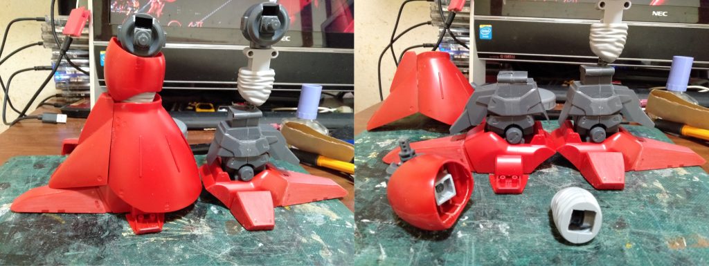 とりあえず、脚の製作から始めます。まずは定番の短くするをしてみました、右側は加工前、左が加工後です。全体的に1・2cm脚部の長さを短くできました。太ももの定番改造と、脹脛を同じような加工で5~6mm下げました。その為にパーツ干渉する箇所が在るので、削ったり切除します。