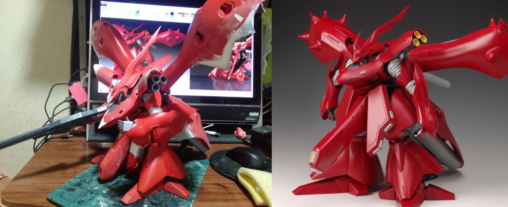 ビットバインダーをプラバンでこんな感じにしてみました、比較として製品のRE/100ナイチンゲールと並べましたが、全くの別物になってて、俺的には大満足ですねっ?。               ここからは、細部の調整と全体のヤスリがけをして、サフを吹いて問題無ければ・・・塗装に入ります。