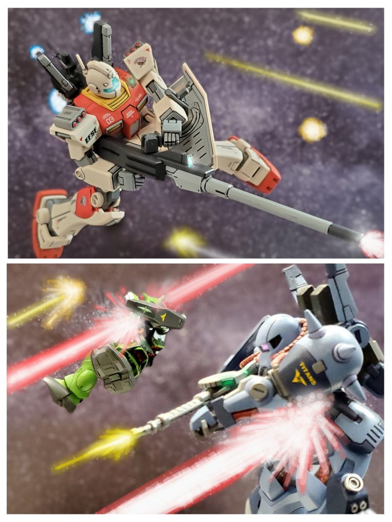 隠れエゥーゴは優勢を保つも次々に送り込まれるハイザック部隊に数で押し込まれ始める…😓💦ジャック大尉は一気に数を減らすため温存していた試作ロングライフルを準備🔫✨ロングレンジでハイザックを捉えライフルを放つ~🤩✨その威力は凄まじく、ビーム波は一撃で機体を貫く~🏹✴️ロングライフルは通常のジムIIでは出力不足で使用不可能だが、後期型試作機はMk-IIに匹敵するジェネレーターを搭載しているためドライブが可能😆🎵本来、この装備はガンダムMk-IIの強化装備としてコンペイトウ開発部が試作していた装備である😔✨