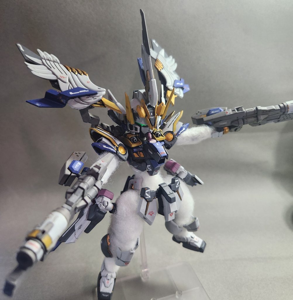 In this picture I tried to replicate the wing zero's twin buster rifle pose but due to my mixing build, I may have unknowingly limited my aircraft's joint articulation. Whoops.