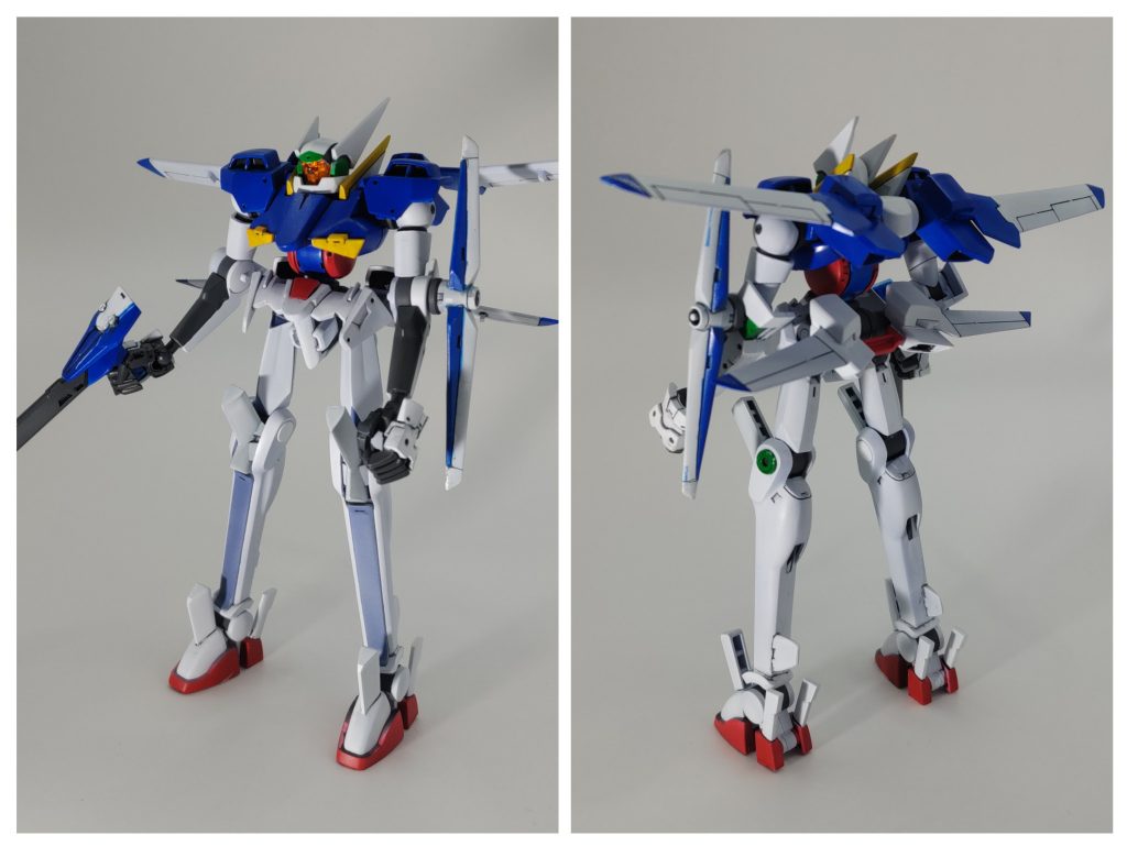 前後から 某乙女座の方がエクシアという機体に惚れ過ぎてしまったという設定に置き換え、ユニオンのメカニック勢が粋な計らいをしてしまった…という妄想で塗り替えました。ただ突貫かつ映像から読み取れた視覚情報のみで塗り替えただけなので、頭部にアンテナを付けるなんて事はせず、そもそも胴の形状がガンダムとフラッグではまるで違うので、これを見た某乙女座の方は顔を引き攣らせたとか。