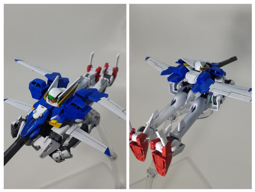 変形させて 仮組み時含めて、この撮影の時に初めて変形させましたが、素組みのRGゼータの変形より慎重になった気がします。何だかMS形態よりカラーがマッチしてカッコよく見えなくもない。場所を取るので撮影後にはMS形態に戻しました。