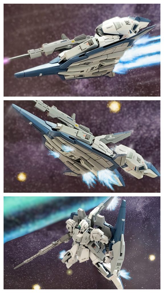 だが、風前の灯と化したジャック大尉のコクピットに通信回線で音声が届く💡『隠れエゥーゴの諸君、無事か?私はエゥーゴ所属のクワトロ・バジーナ大尉❗ここは私が引き受ける🎵諸君らは後方のアーガマに向かいたまえ😎』危機一髪のところでエゥーゴの救援部隊到着したようだ🙌🎶しかも、駆けつけたのはエゥーゴの中核であるアーガマ部隊🤩そして噂のクワトロ大尉が新型MSで駆けつけてくれたのである😢✨クワトロ大尉は牽制のビームライフルを放ちながら戦闘宙域に到達すると、ウェイブライダー形態から機体を反らしMS形態にすかさず変形~👀✨MS形態に変形したエゥーゴの新型MS、Zガンダム試作0号機はジムII部隊を守るように憲兵部隊との間に割り込むのであった✋🎵