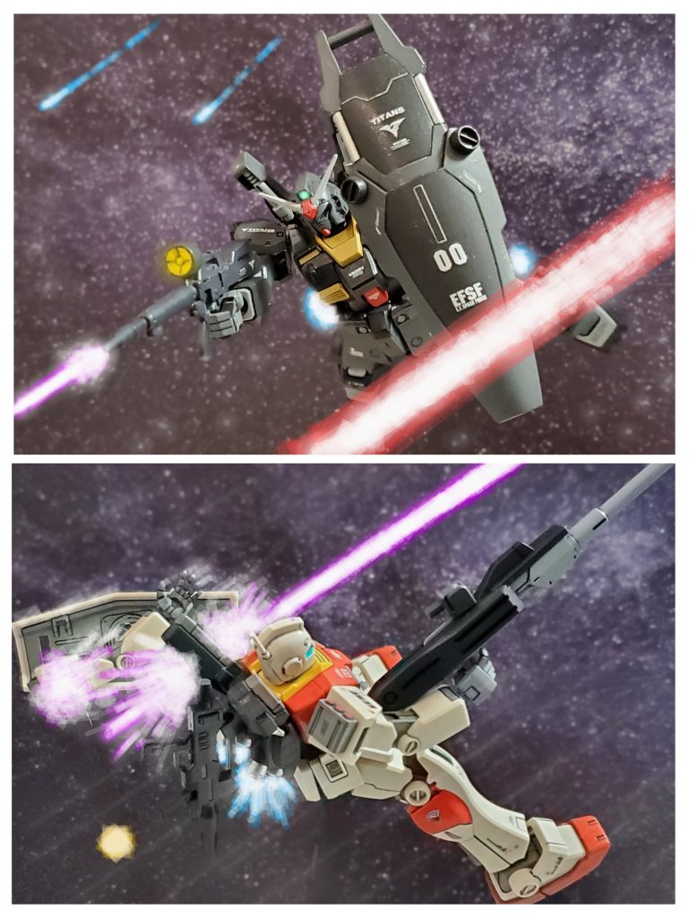 黒いMk-IIのパイロットは強化人間のゼロ・ムラサメ❗その能力は噂通り人間離れしている👿✨ロングライフルの射撃を見事に掻い潜り接近💦そして高出力のビーム波が止んだ瞬間❕ビームライフルを叩き込んでくる👊✨パイロットとして一流の腕を持つジャック大尉は間一髪、機体を反らし直撃を回避❗しかし黒いMk-II の放ったビームライフルは、ジムII後期型試作機の左腕を吹き飛ばす💥❕さらに間合いを詰めてくる黒いMk-IIを目前にジャック大尉は『もはやこれまでか…』と覚悟を決める…😔💦