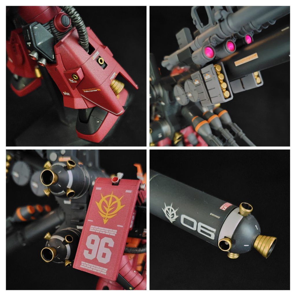 上の写真とダブってしまいましたが、シュツルム·ファウストもワンポイントで色を、ロケットブースターにもワンポイントジオンのマークを追加しました。