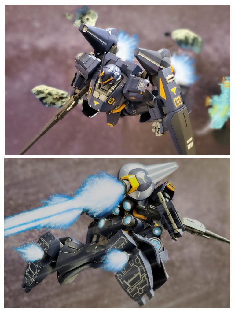 そして試作されたフェダーインライフルと右腕部にビームガンユニットを装備し、サラミス級改『アルカトラズ』より発艦するアクト・ケンプファー🏃💨艦を離れ加速が安定するとさらにバーニアペダルを踏み込み、限界値まで加速する💨💨強化人間でなければ耐えられない強烈なGを受けながらゼロの元へと急ぐレイラ少尉👧✨