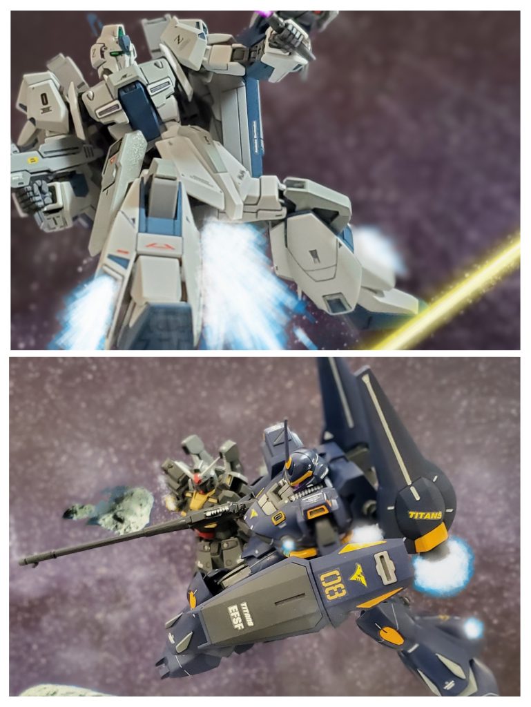 高速機動中にも関わらず正確な射撃でエゥーゴの新型MSを強襲するアクト・ケンプファー😆🎵その射撃を寸前のところで回避するエゥーゴの新型‼️レイラ少尉はMk-IIの前に立ちはだかりエゥーゴの新型を睨みつける😠💢そして脳裏に映ったビジョンを絶対に現実にさせない‼️そう心の中で噛み締めていた😔✨👦『助かったよレイラ😊だが気をつけろ❗ヤツはガンダムタイプだ‼️それも相当な腕を持つパイロットだぞ👀』👧『分かってる…あの機体からプレッシャーも感じるしね…😔💦でも二人でかかればなんとかなる👊✨』👦『よし…行くぞレイラ❗』