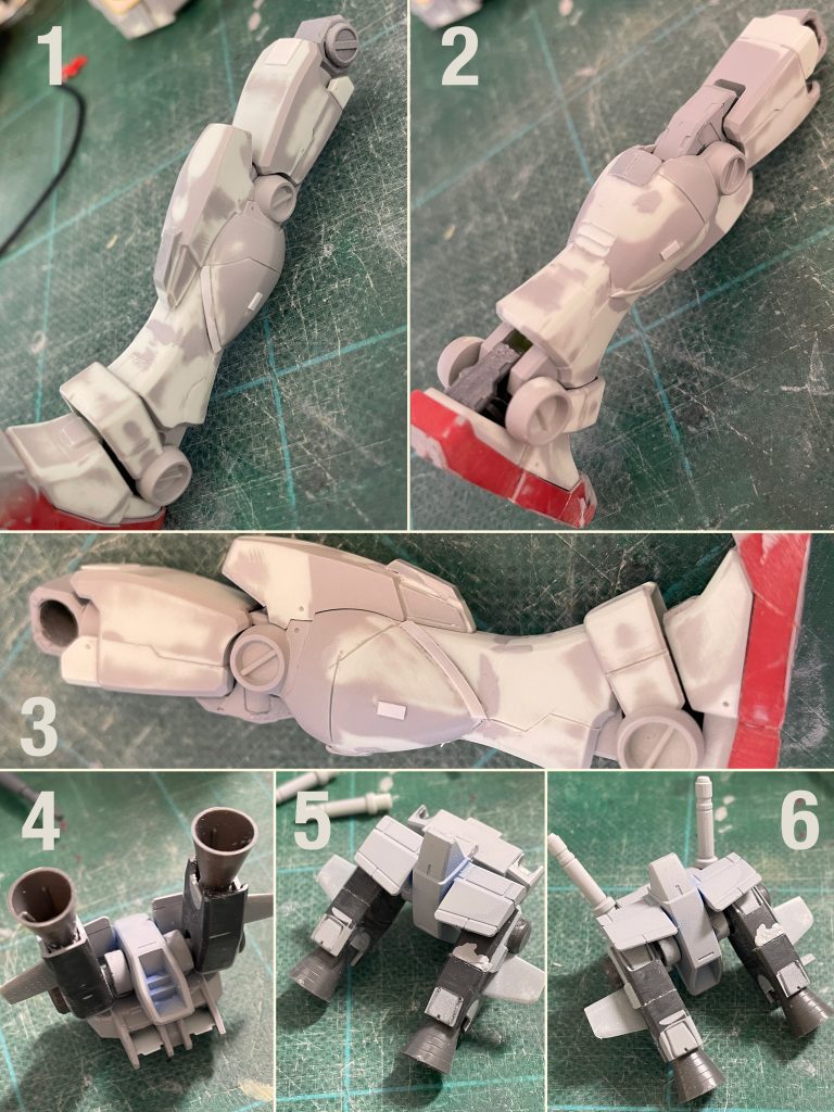 脚部とバックパック1)2)3)は脚部改造の様子で、股関節の横軸ロール部分で3mm延長不太腿が長く見えるように、反対に脛を短くするために3mm幅詰めしてます。あとは追加ディテールをひととおり加えました4)5)6)はジャンクパーツから高機動化を感じさせる可動ブースターを作りました バックパックは後日プロペラントタンクを追加して宙間戦用感を出しています