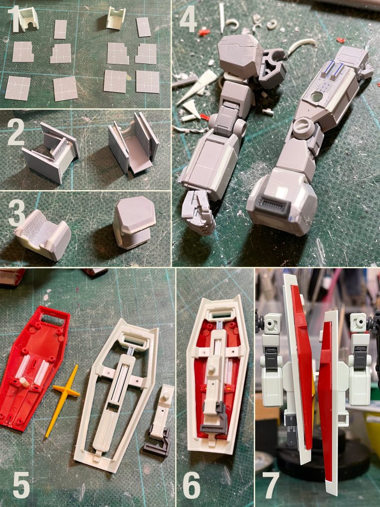 腕部とシールド1)肩アーマーは最初に作った形が気に入らなかったので追加購入キットのパーツから作り直し、切り出した使用するプラ板です2)とりあえず貼ります。改造が上手な方はこんな大雑把ではないでしょうが、私は緻密にやると精度が出なくて進まないのでこんなカンジです3)形出しの成形後4)腕部のディテール加えた状態です。ハンドパーツはビルドパーツに差し替えてます。5)シールドのマウント位置を変更したくて、構成パーツをバラした後にスライド稼働しそうなディテール加えました6)組み立てるとこんなカンジ、この後シールド裏に対艦ミサイルを2本マウントしています7)マウント位置の変更具合、左が改造後、右はキットのままです。こういう比較検証時にも追加キットは役に立ちます(w)