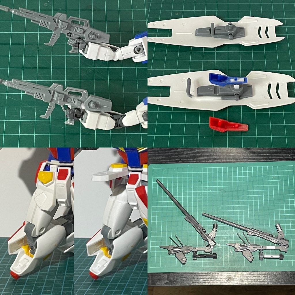 ビルドハンズに合わせてビームライフルの形状変更シールドアタッチメント新造フロントアーマーの干渉を避けるため基部のスライド可動化ロングレンジライフルを15mm延長ロングレンジライフルのグリップ収納範囲を拡張して折り畳み角度を変更