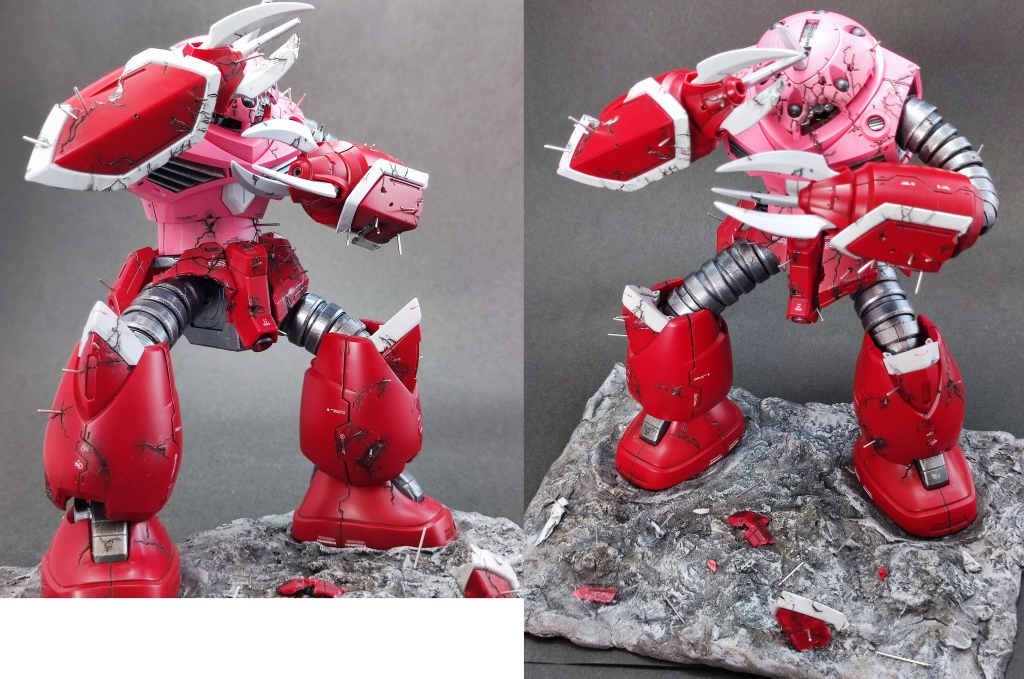 手抜きポイント塗装はゲートの白化消せればいいやくらいのつもりでサフレス塗装、スジ彫りは凹部以外の追加なし、既存モールドはサフレスだし彫り直しなし、ヤスリ&塗装はなるだけ最低限、シャープ化やヒケなどの処理は一切しない、スジ彫りオーバーランは全てヒビ割れ表現にして誤魔化すetc.