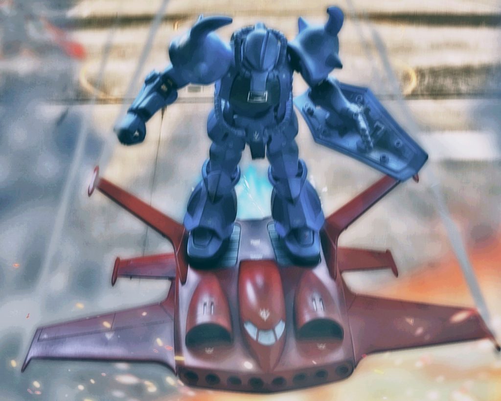 「…俺は、…俺は、…俺達は宇宙に帰るっっ!!」グフは駆け抜けるドダイに飛び乗り着地した。ドダイはその衝撃を受けるが、バランスを崩さず直進を続ける。「…踏ん張れよポンコツっ!?頭を上げやがれっ!!」ストークリーダーは操縦桿を力の限り引きドダイを上昇させる。燃えさかる基地内をくぐり抜けるとドダイは徐々に地表から離れて行く。この突然の出来事に運良く敵の対空砲火は対応しきれず、ドダイは上昇を続け基地から離れて行く。そしてグフを載せたドダイは忽ち対空砲の射程圏から外れた。「よくやったな、リンドヴルム。まさか上手くいくとは思わなかった」ストークリーダーは接触回線によりグフに通信する。「…ああ、まさかな。俺も死を覚悟したが…」「その声は…、キラー・ビーか!?」「…そうだ、俺はまだ死ねないらしい」ビリーはか細い声で答えた。「貴様も余程、死神に嫌われているようだな」「…助かりました。礼を言います」ラカンが言う。「礼には及ばんさグラディエーター。俺は待たされるのが嫌いなんだ」「……死神か」「…どうした、キラー・ビー?」「いや、あの基地に突然現れた蒼い機体が気になってな」「ああ、あれか…。俺も上から見ていたが、見た事ない機体だったな。識別信号はジオンのものだが、ヤツはこちらが無線を入れても無視していたが…」「…もしかしたら噂に聞く『蒼い死神』か?」「さあな、もしそれが味方なら頼もしい事、この上ないがな…」ラカンは2人の会話を聞きつつ、あのMSには独特な違和感を感じていた。(…あれはいったい何処の機体だ?…そしてMS越しにも伝わるあの狂気に満ちた殺気は……?)