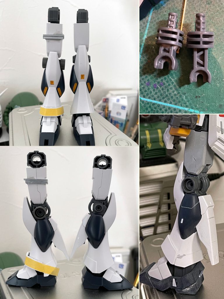 【脚部の改造】　ここが一番ウェイトの重い部分です。脚が長く細い印象なので、股関節から足首まで手を入れていきます。　股関節の横ロール軸の可動部で2mm、太腿で3mmそれぞれ延長。足首のジョイントパーツ部分で4mm短縮、これで脛の長さを縮めつつ脚全体の長さは保ったままです。　太ももは前後左右とも0.5から1mmのプラ板で囲い太くしてたくましさを出します。　ヒザ関節側面の円状のパーツはWAVEのディテールアップパーツで大型化、フクラハギのスラスターカバーはカットして短縮、脛部裾のフレア部分をカットソーでいい感じにカットしてそれを丈夫にずらして接着、後は適当にカット。