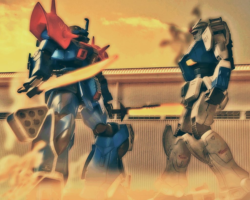 (……クリス、すまないっ!?)ライラは死を覚悟した。イフリート改はヒートサーベルを大きく振り下ろすと、局地型ガンダムの右腕を肩から切り落とした。そしてそれと同時にイフリート改のモノアイが点滅しだすと静かに眠る様に消えてしまう。「……EXAMシステム…、カドウゲンカイジカンニヨリキョウセイシュウリョウ…」イフリート改のコクピット内は一時的に暗くなる。数秒するとそれは収まるが、非常用予備電源により中は赤く照らされた。「…フッ、遊びが過ぎたか」ニムバスは機体チェックをし再稼働を待つ。その間、ライラのガンダムは動く様子は見られなかった。いや、寧ろ蛇に睨まれた蛙の様に動けないのだろう。「……ハァ、ハァ、ハァっ…!?」ライラは目を見開いていたが、十数秒間息をしていなかった。全身からは汗が噴き出し、身体は石膏で固められたように動かない。「聞こえるか、連邦の?」イフリート改から男の低い声が聞こえた。「運が良かったな…、だが次はこうはいかんぞ…!」ライラは少し前に自分が同じ台詞を言っていたのを思い出す。戦場に絶対はない。状況はオセロの様に簡単にひっくり返されてしまうこともある。イフリート改は再起動し、モノアイが光ると振り向き離脱していく。(……EXAMを起動しても現れないという事はここにはいないか。だがクルスト、貴様だけは逃さん。例え地獄の底にいようともな…?)