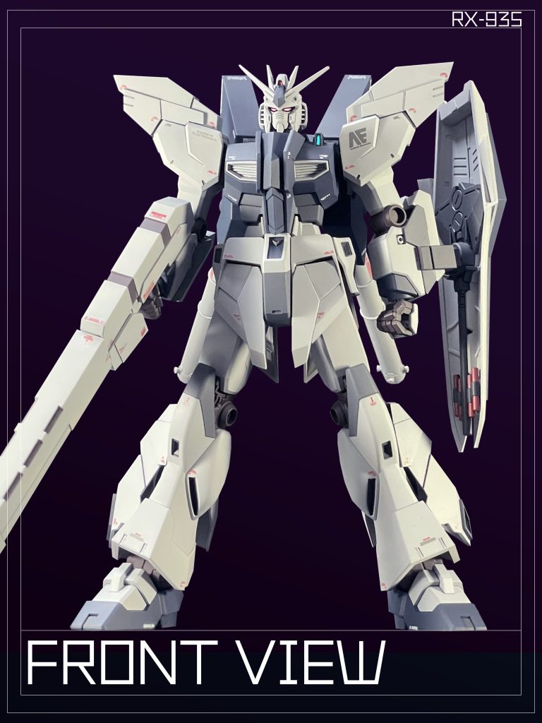 本機は第二次ネオ・ジオン抗争の長期化を見据えて考案された「RX-93　νガンダム」の強化兵装プランの1つ。機体各部に推進機を増設した¨高機動型¨プランであり、基本仕様においても高い推力を有していた「RX-93」の機動性を更に高めている。This MS is one of the reinforced armament plans for the “RX-93” which was devised in anticipation of the prolonged Second Neo Zeon War. It is a ¨high mobility¨ plan with additional propulsion units installed in various parts of the fuselage, further enhancing the mobility of the RX-93, which had high thrust even in its basic specifications.