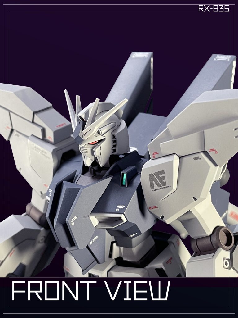 このプランは「FA-93HWS νガンダムHWS装備型」等とは異なり「RX-93ff νガンダム ロングレンジ・フィン・ファンネル装備型」と同様にAE社側から提案されたものである。機体の仕様策定はAEグラナダ支社が関与しているとされ、本機は¨ガンダム¨でありながら、ジオン系技術が¨公然¨と使用されているという。This plan is different from “FA-93HWS” etc., and was proposed by AE as well as “RX-93ff”.It is said that the AE Granada branch was involved in formulating the plan's specifications, and although this machine is a¨Gundam¨, it is said that Zeon-related technology is ¨openly¨ used.