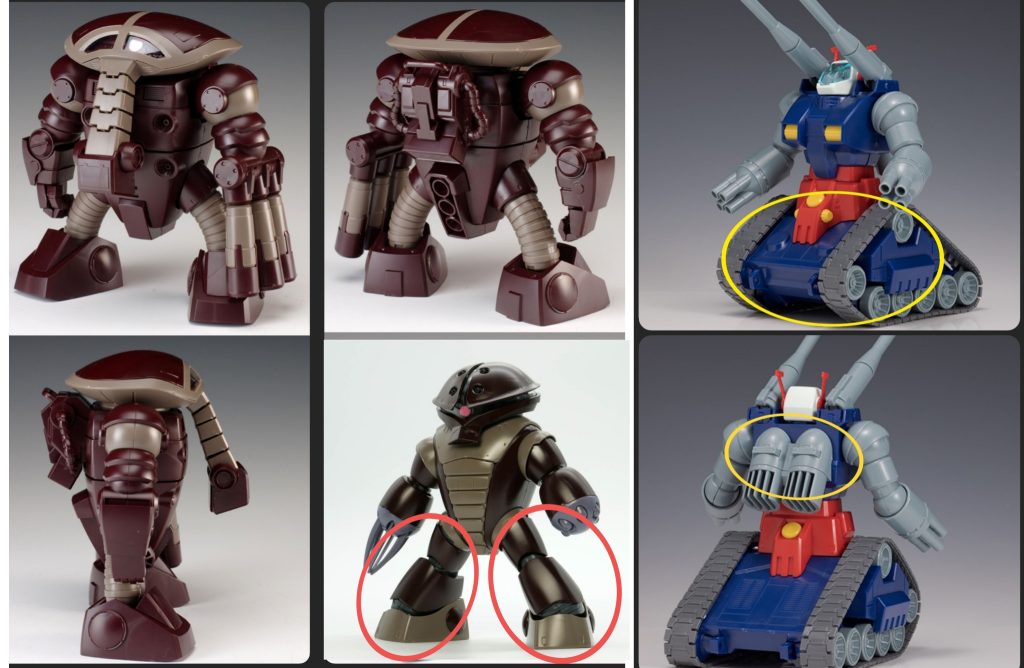 ミキシングのレシピ♪どうしても元のバネ脚が好みではなくて、同じ水陸両用MSのアッガイからロボ脚を移植。バックパックにはガンタンクの下半身(車体部分)とバックパックの上部を組み合わせたものをベースにごちゃごちゃと付けたものを採用。