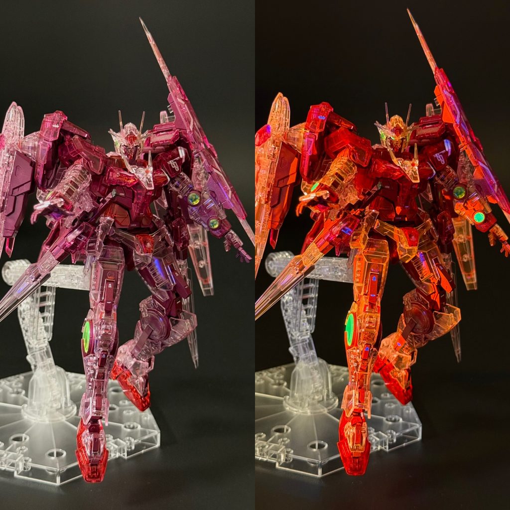 クリアの外装パーツはもともと蛍光ですが、少し発光が弱いと感じたので、内部フレームをすべて蛍光クリアピンクでキャンディ風に塗装したところ、思った以上のできばえに!