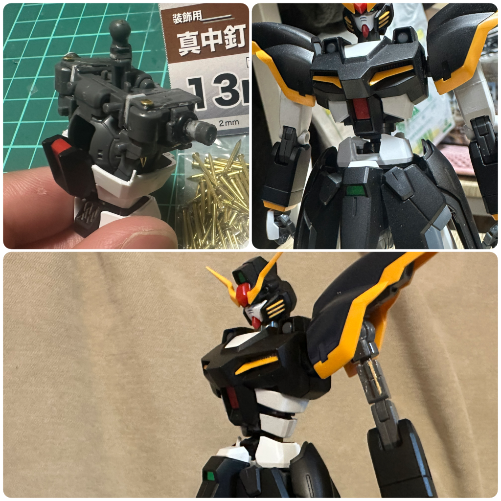 ホームセンターの釘で軸補強したりこの隙間どうしよ…と途方に暮れた夜二の腕延長の補強にちょうどいい隙間に真鍮線で補強