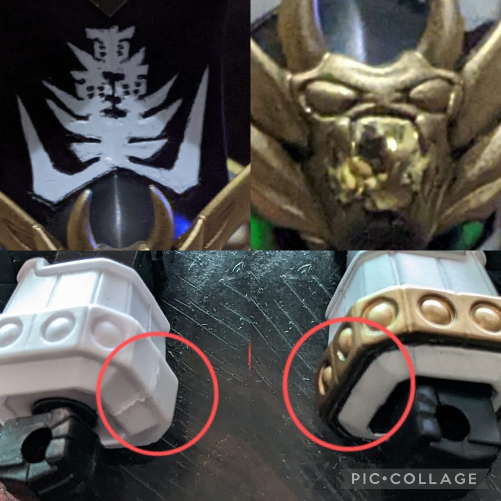 腕の内側の丸いモールドは穴を開けて、ランナーを切り出して先を丸くして埋め込みました。兜のつの飾りは、宝玉部分はトップコートの光沢を吹き付け、マスキングしてから、周りのメッキを剥がして、黒サフしてから缶ゴールドを吹き付けました。「轟」の文字はマスキングテープの上に付属のマーキングシールを貼って型紙にして、リューターで彫りました！！めっちゃがんばったっ！！