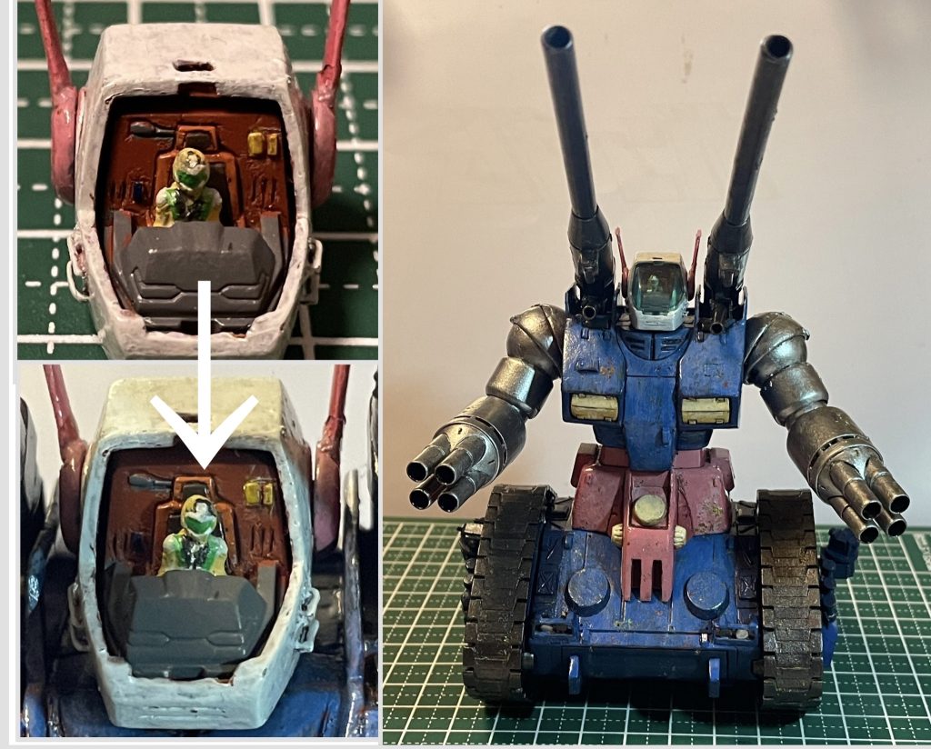 椅子に座るポーズに切り貼りした後、塗装でどうにかなりました。一度やった後、画像で見たらヘルメットがイマイチだったので、再トライ。見れる様になりました。