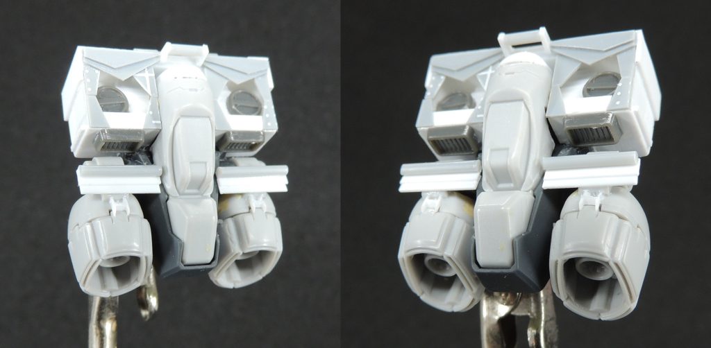 ■ランドセルキットのものに切り出した0.3mmプラ板を少しずつ貼り付けて、形作りました。中央のフックはプラ丸棒とプラ板で作っています。