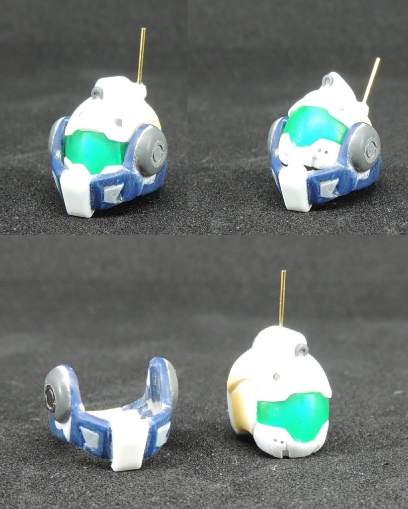 ■頭部30MMラビオットの頭部パーツをベースに、プラ板、エポキシパテで整形しました。その他、エッチングパーツ、真鍮線、市販のディティールアップパーツを使用しています。ゼロから作るのは難しいと感じたため、ジム系MSの頭部パーツをいろいろと検討しましたが、最終的に30MMシリーズからの流用としました。