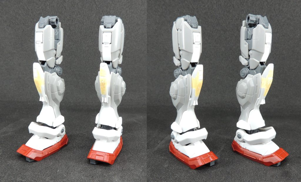 ■脚部スネまわりを中心に、部品の形状変更を行いました。黄色い部分はエポキシパテ、足首サイドの装甲はプラ板で作成。細かい点でガンダムEXと異なっているため、設定画を見ながらディティールを拾って再現を試みました。