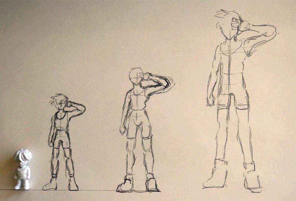 OPの姿を大きい姿から描いてそれをSDキットのサイズに合わせて描き直してこの絵からトレーシングペーパーで転写してその転写を基にプラペーパーで体のサイズに切り出してからエポパテで造形しています。なので、各部がある程度の大きさの目安にはなりました。