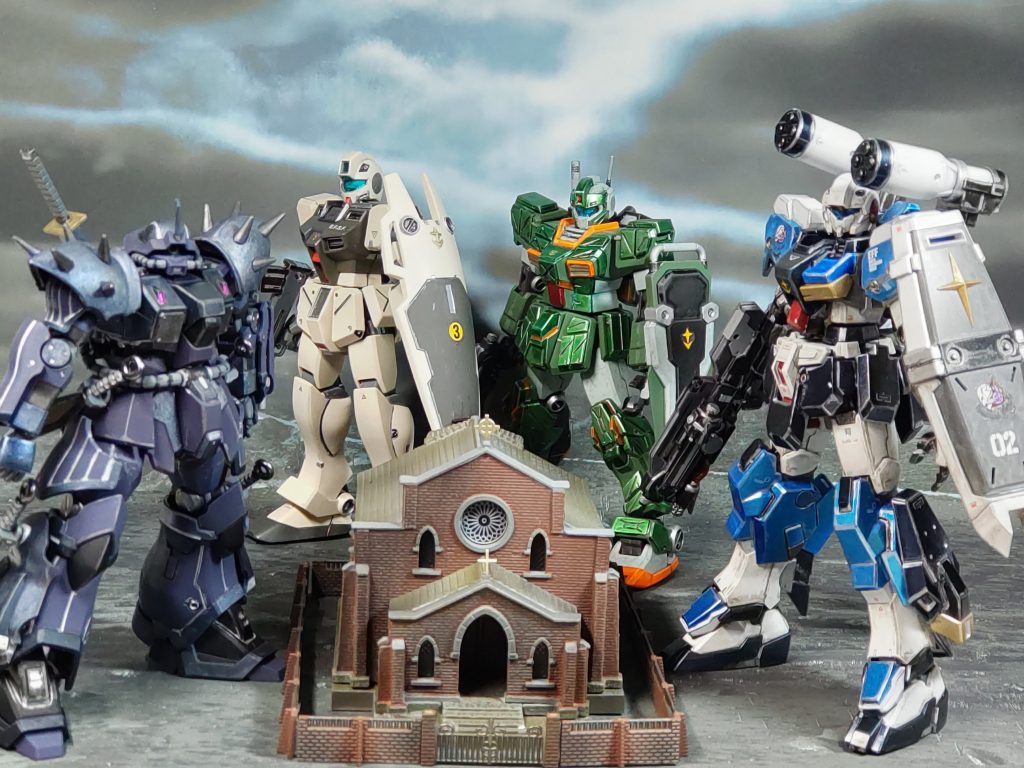 使ったキットHGUC ジーライン・スタンダードアーマーHGUC ジム・ストライカーHGUC ジム・コマンドHGUC イフリート・ナハトトミーテック 朽ち果てた教会