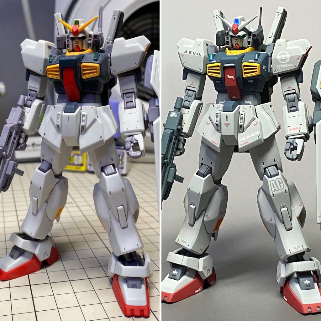 腹部で2ミリプラ板を挟んで延長しました。マスク部も彫り込んでシャープな顔立ちに変更してます。ヘルメットの頬当ての内側を削ると効果的です。