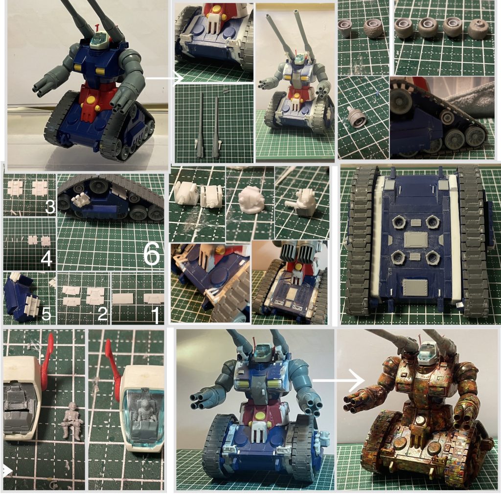 完成までの経過を簡単にまとめました。横幅5ミリ増し。胴で2ミリ詰め。主砲を8ミリ短縮。シリンダー作成。ビルダーズパーツのバーニアから転輪を作成。プラ板から予備履帯作製。アクティブ防護システムを装備。パイロットを削りビルダーパーツから作成。レインボー下地を作って塗装。